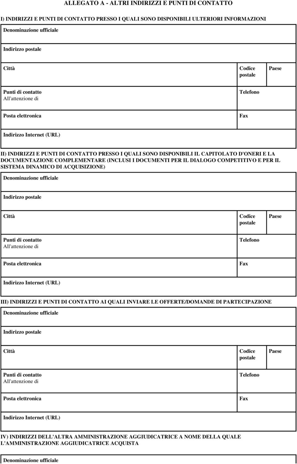 DOCUMENTAZIONE COMPLEMENTARE (INCLUSI I DOCUMENTI PER IL DIALOGO COMPETITIVO E PER IL SISTEMA DINAMICO DI ACQUISIZIONE) Denominazione ufficiale Indirizzo postale Città Codice postale Paese Punti di