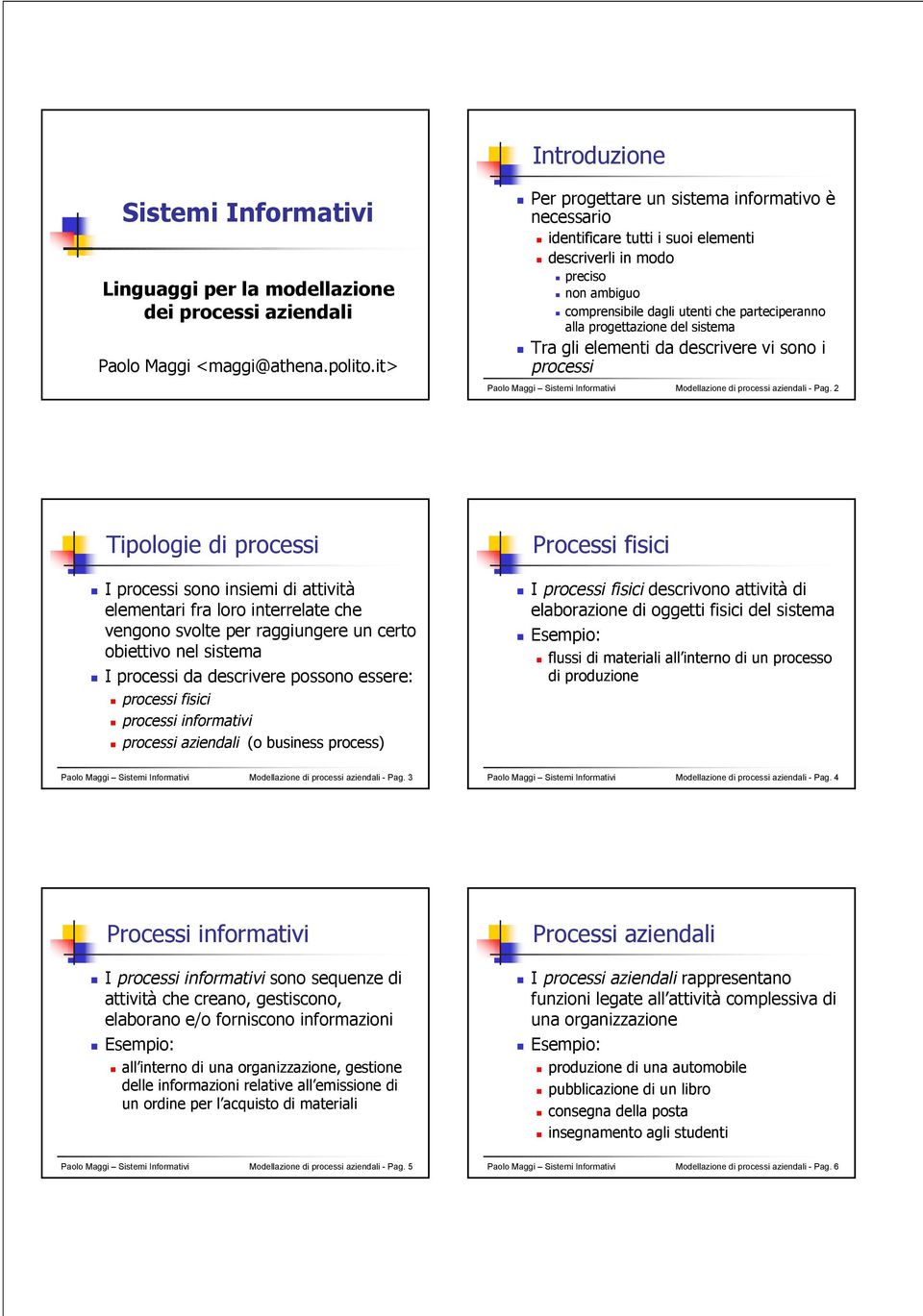 sistema Tra gli elementi da descrivere vi sono i processi Paolo Maggi Sistemi Informativi Modellazione di processi aziendali - Pag.