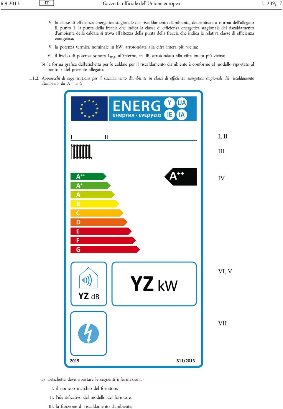 stagionale del riscaldamento d ambiente della caldaia si trova all altezza della punta della freccia che indica la relativa classe di efficienza energetica; V.