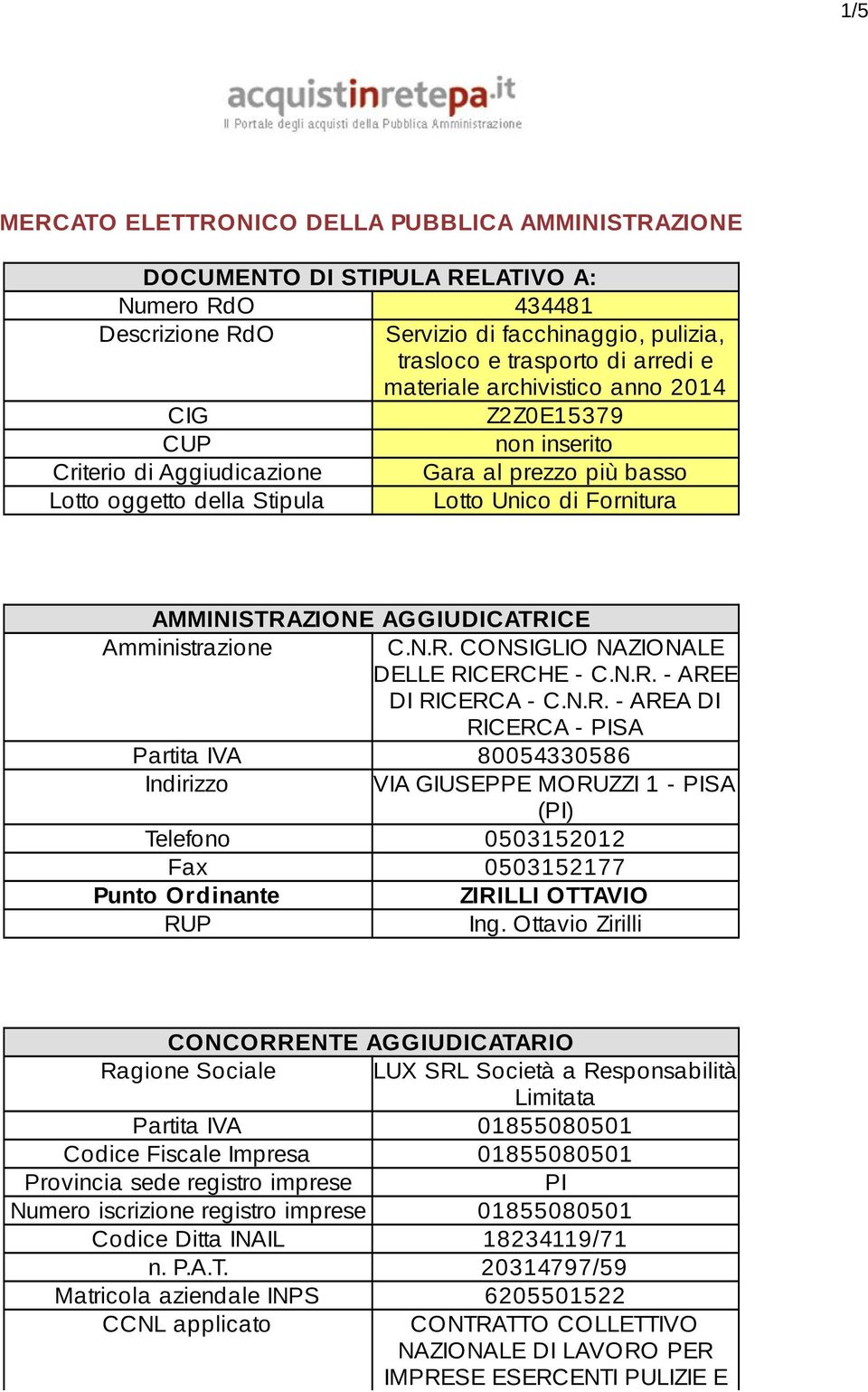 N.R. - AREE DI RICERCA - C.N.R. - AREA DI RICERCA - PISA Partita IVA 80054330586 Indirizzo VIA GIUSEPPE MORUZZI 1 - PISA (PI) Telefono 0503152012 Fax 0503152177 Punto Ordinante ZIRILLI OTTAVIO RUP Ing.