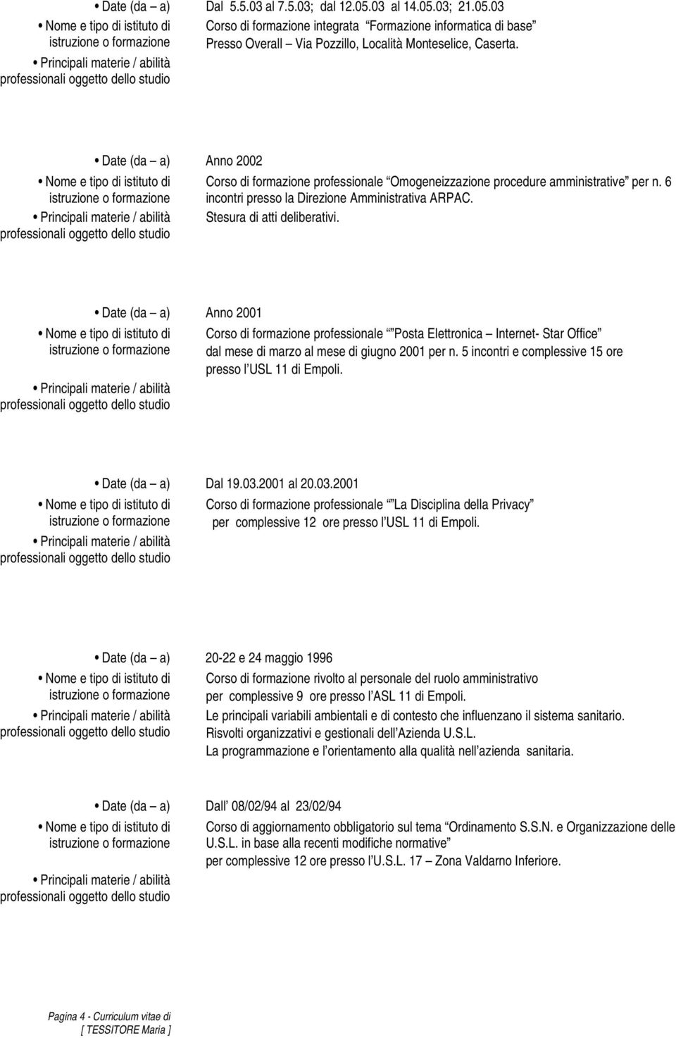 Date (da a) Anno 2001 Corso di formazione professionale Posta Elettronica Internet- Star Office dal mese di marzo al mese di giugno 2001 per n.