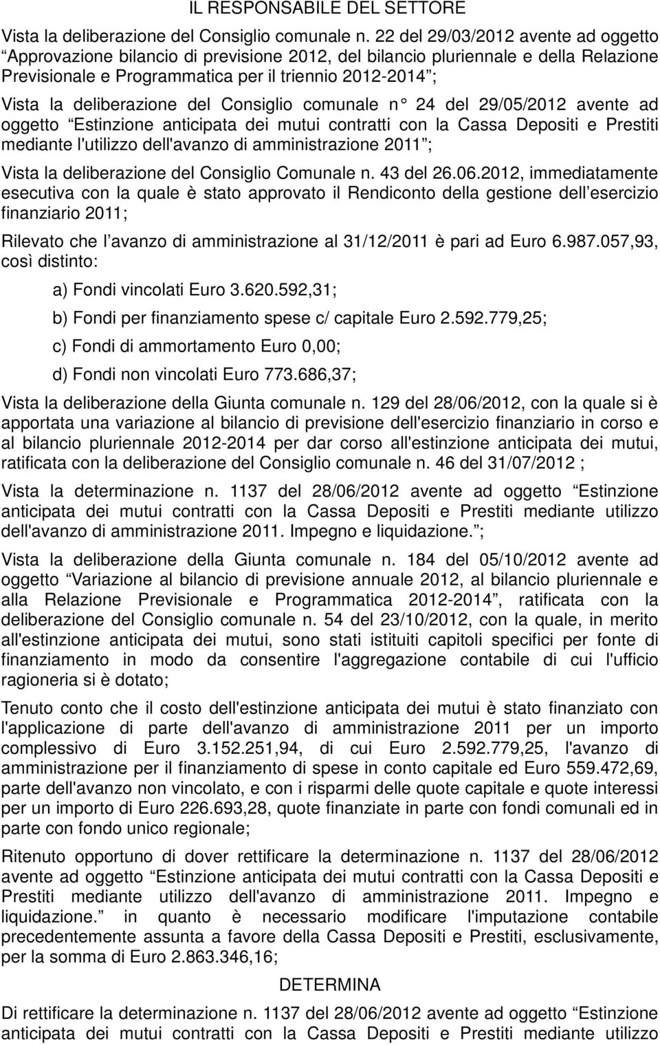 deliberazione del Consiglio comunale n 24 del 29/05/2012 avente ad oggetto Estinzione anticipata dei mutui Prestiti mediante l'utilizzo 2011 ; Vista la deliberazione del Consiglio Comunale n.