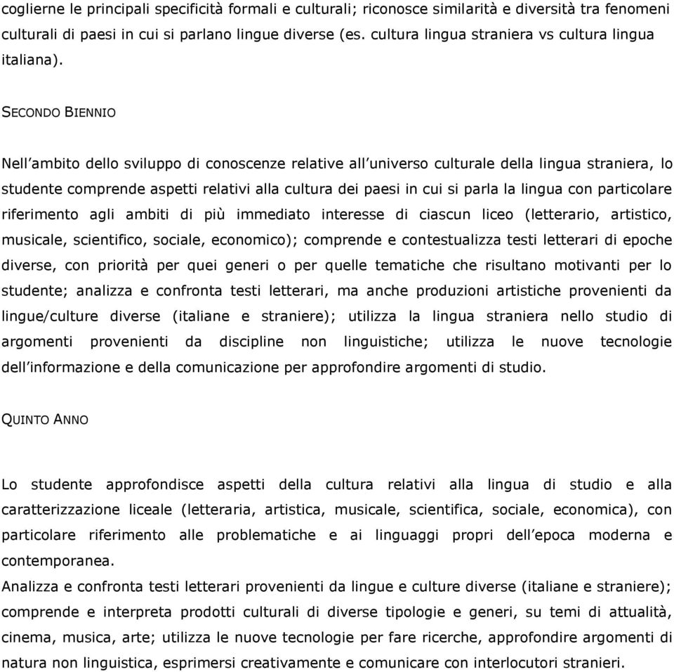 SECONDO BIENNIO Nell ambito dello sviluppo di conoscenze relative all universo culturale della lingua straniera, lo studente comprende aspetti relativi alla cultura dei paesi in cui si parla la