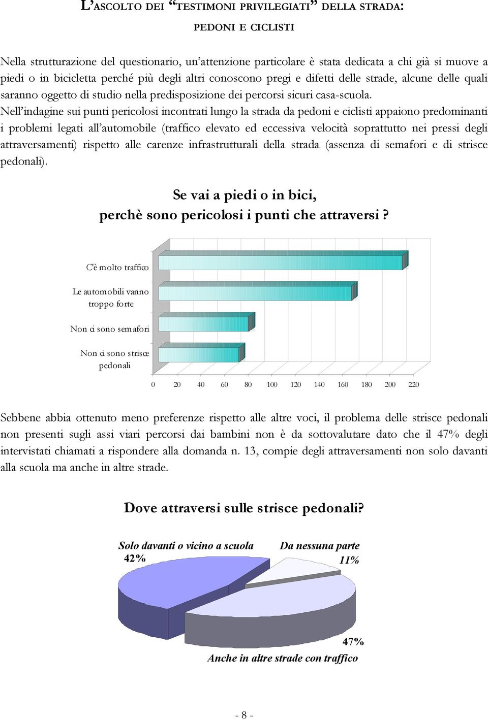 Nell indagine sui punti pericolosi incontrati lungo la strada da pedoni e ciclisti appaiono predominanti i problemi legati all automobile (traffico elevato ed eccessiva velocità soprattutto nei