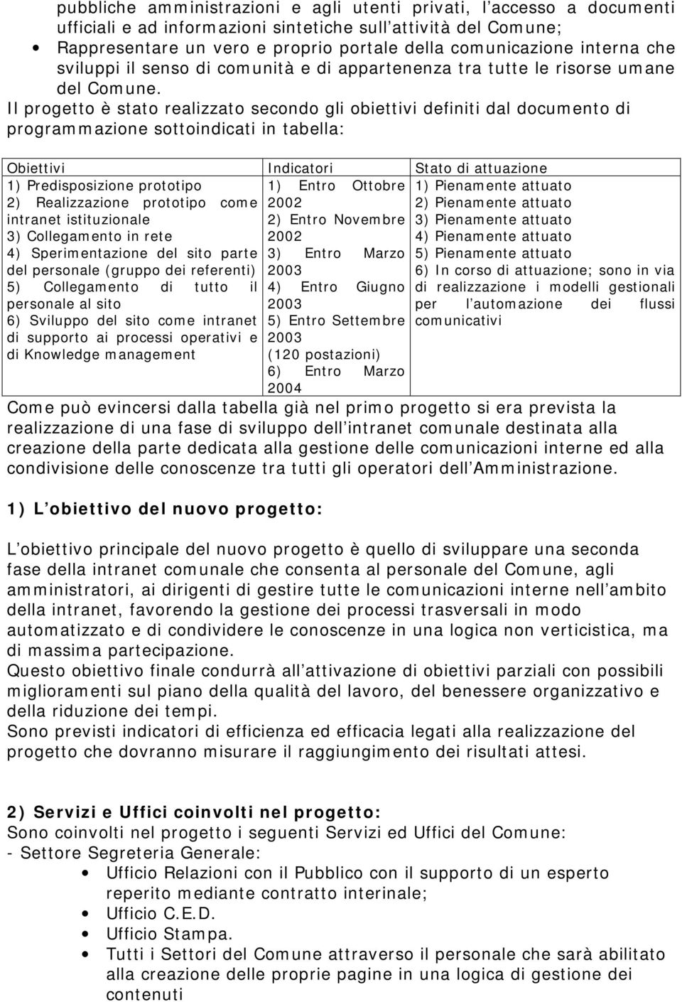 Il progetto è stato realizzato secondo gli obiettivi definiti dal documento di programmazione sottoindicati in tabella: Obiettivi Indicatori Stato di attuazione 1) Predisposizione prototipo 1) Entro