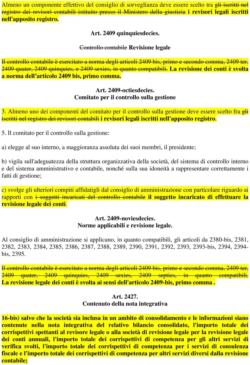 Controllo contabile Revisione legale Il controllo contabile è esercitato a norma degli articoli 2409 bis, primo e secondo comma, 2409 ter, 2409 quater, 2409 quinquies, e 2409 sexies, in quanto