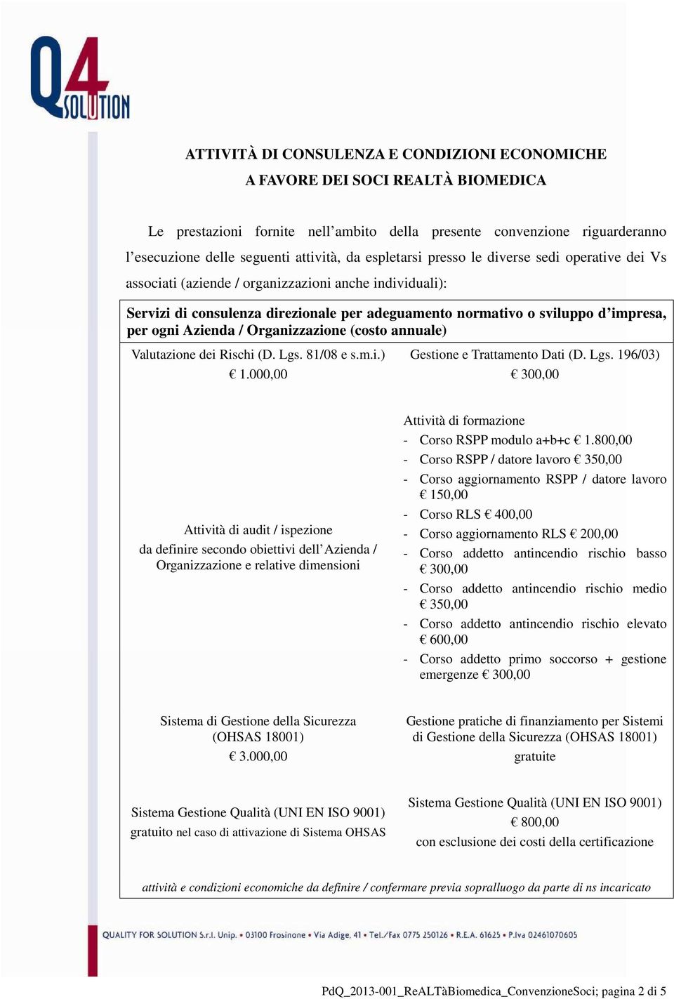 Azienda / Organizzazione (costo annuale) Valutazione dei Rischi (D. Lgs.