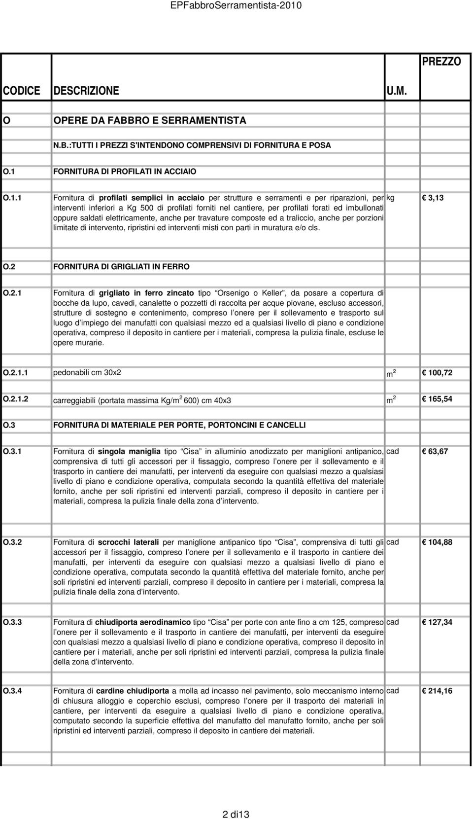 1 Fornitura di profilati semplici in acciaio per strutture e serramenti e per riparazioni, per kg 3,13 interventi inferiori a Kg 500 di profilati forniti nel cantiere, per profilati forati ed