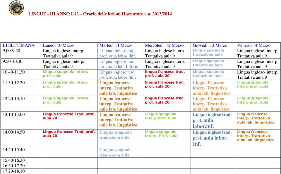 40 Lingua inglese interp. lab. Inform. 10.40-11.30 interp. labor. 20 11.30-12.