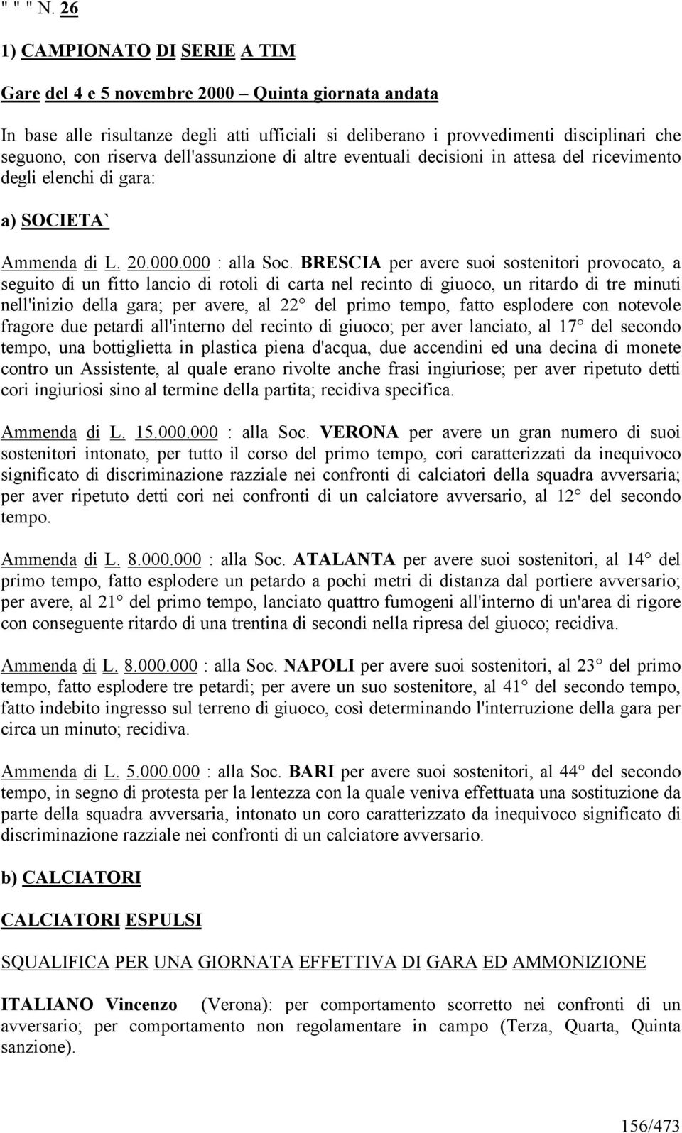 dell'assunzione di altre eventuali decisioni in attesa del ricevimento degli elenchi di gara: a) SOCIETA` Ammenda di L. 20.000.000 : alla Soc.