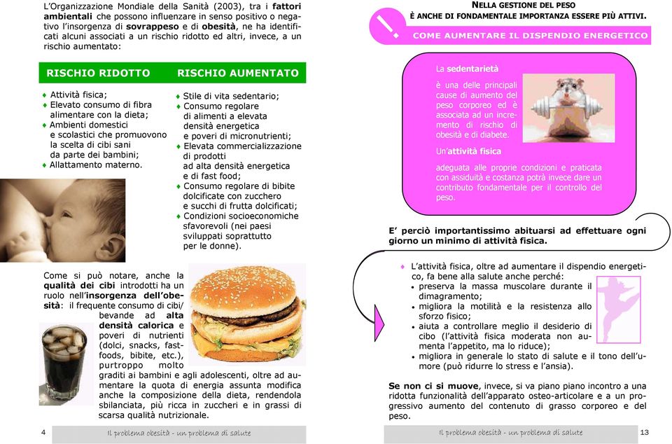 COME AUMENTARE IL DISPENDIO ENERGETICO RISCHIO RIDOTTO RISCHIO AUMENTATO Attività fisica; Elevato consumo di fibra alimentare con la dieta; Ambienti domestici e scolastici che promuovono la scelta di