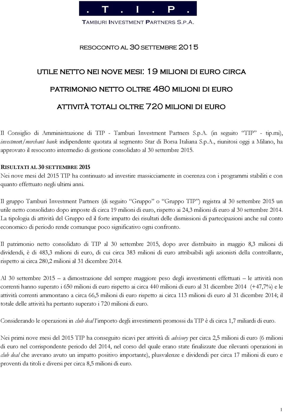 RISULTATI AL 30 SETTEMBRE 2015 Nei nove mesi del 2015 TIP ha continuato ad investire massicciamente in coerenza con i programmi stabiliti e con quanto effettuato negli ultimi anni.