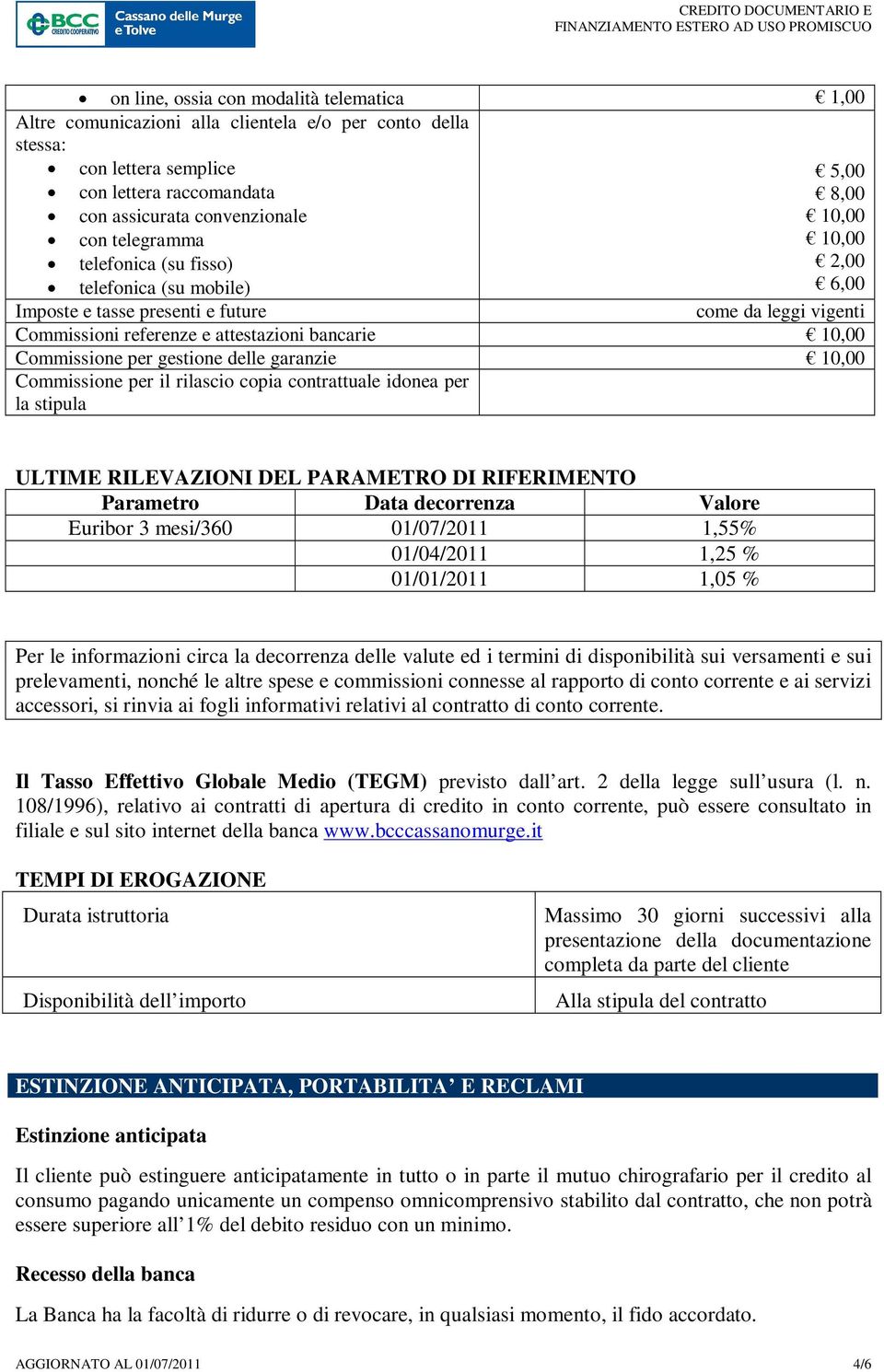 per gestione delle garanzie 10,00 Commissione per il rilascio copia contrattuale idonea per la stipula ULTIME RILEVAZIONI DEL PARAMETRO DI RIFERIMENTO Parametro Data decorrenza Valore Euribor 3