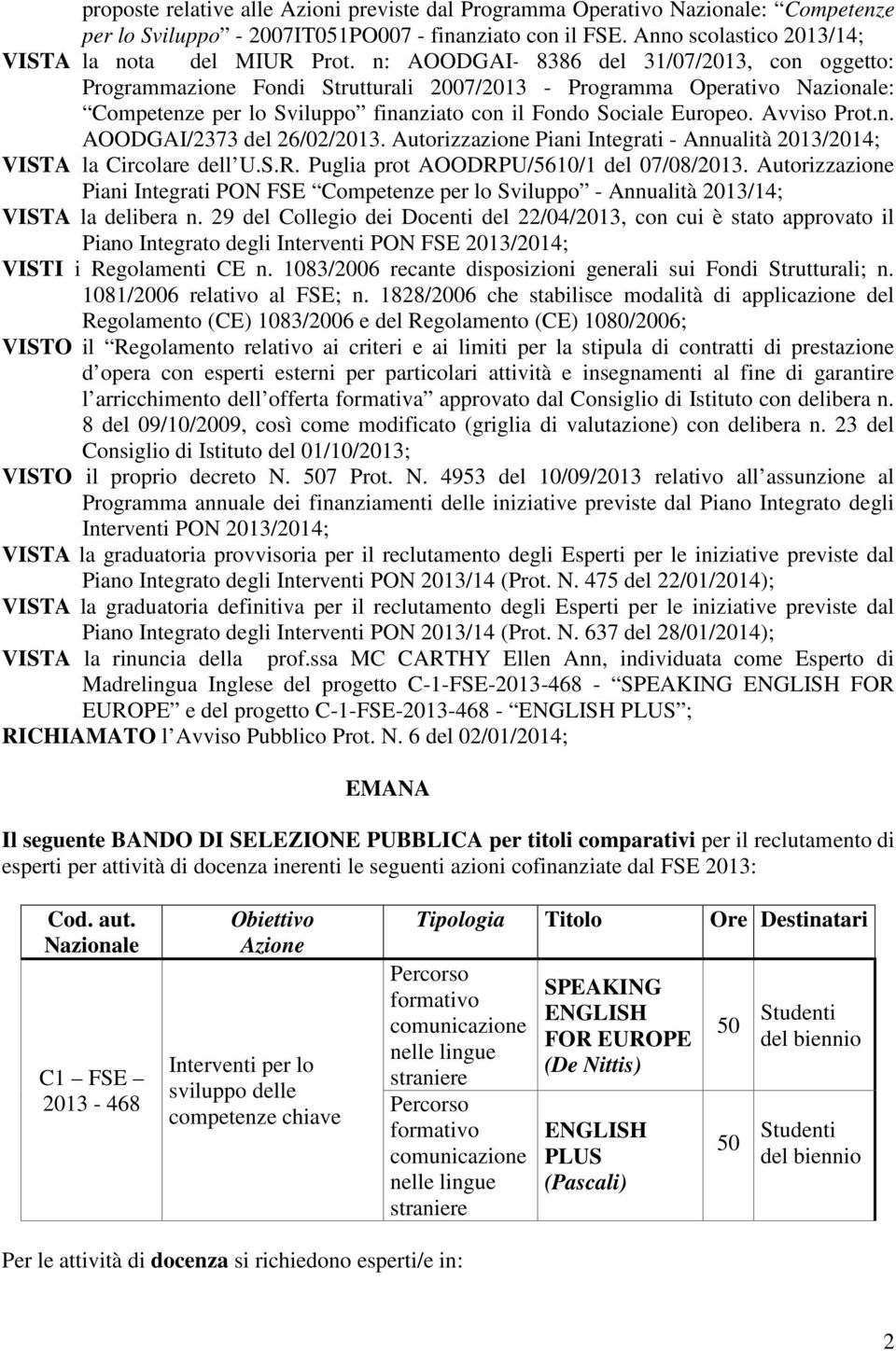 Avviso Prot.n. AOODGAI/2373 del 26/02/2013. Autorizzazione Piani Integrati - Annualità 2013/2014; VISTA la Circolare dell U.S.R. Puglia prot AOODRPU/5610/1 del 07/08/2013.