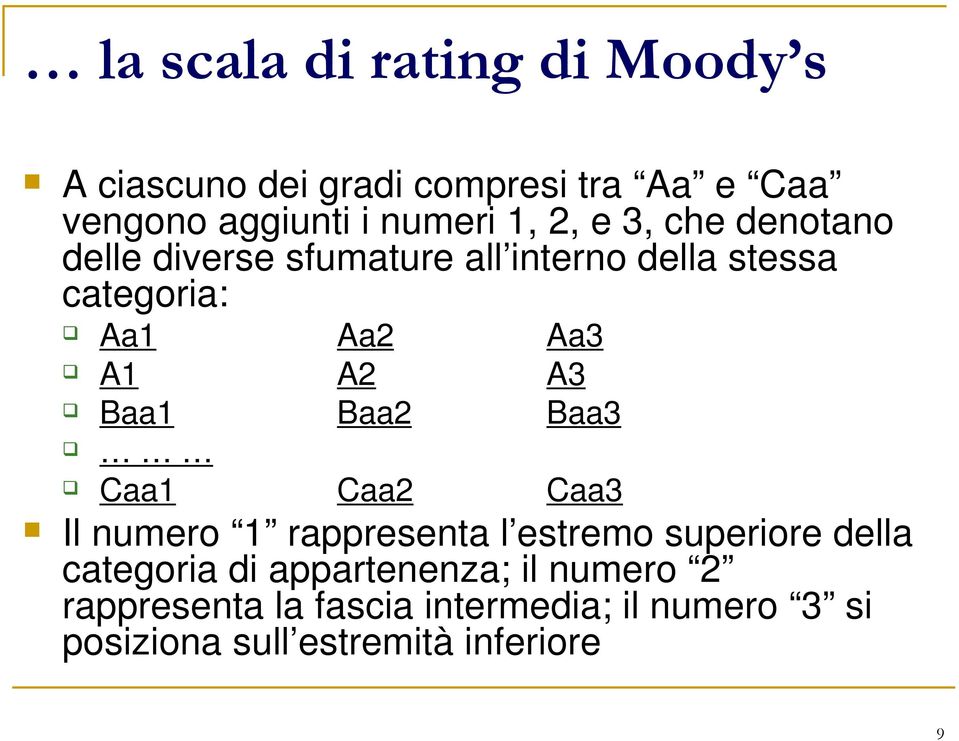 Baa1 Baa2 Baa3 Caa1 Caa2 Caa3 Il numero 1 rappresenta l estremo superiore della categoria di