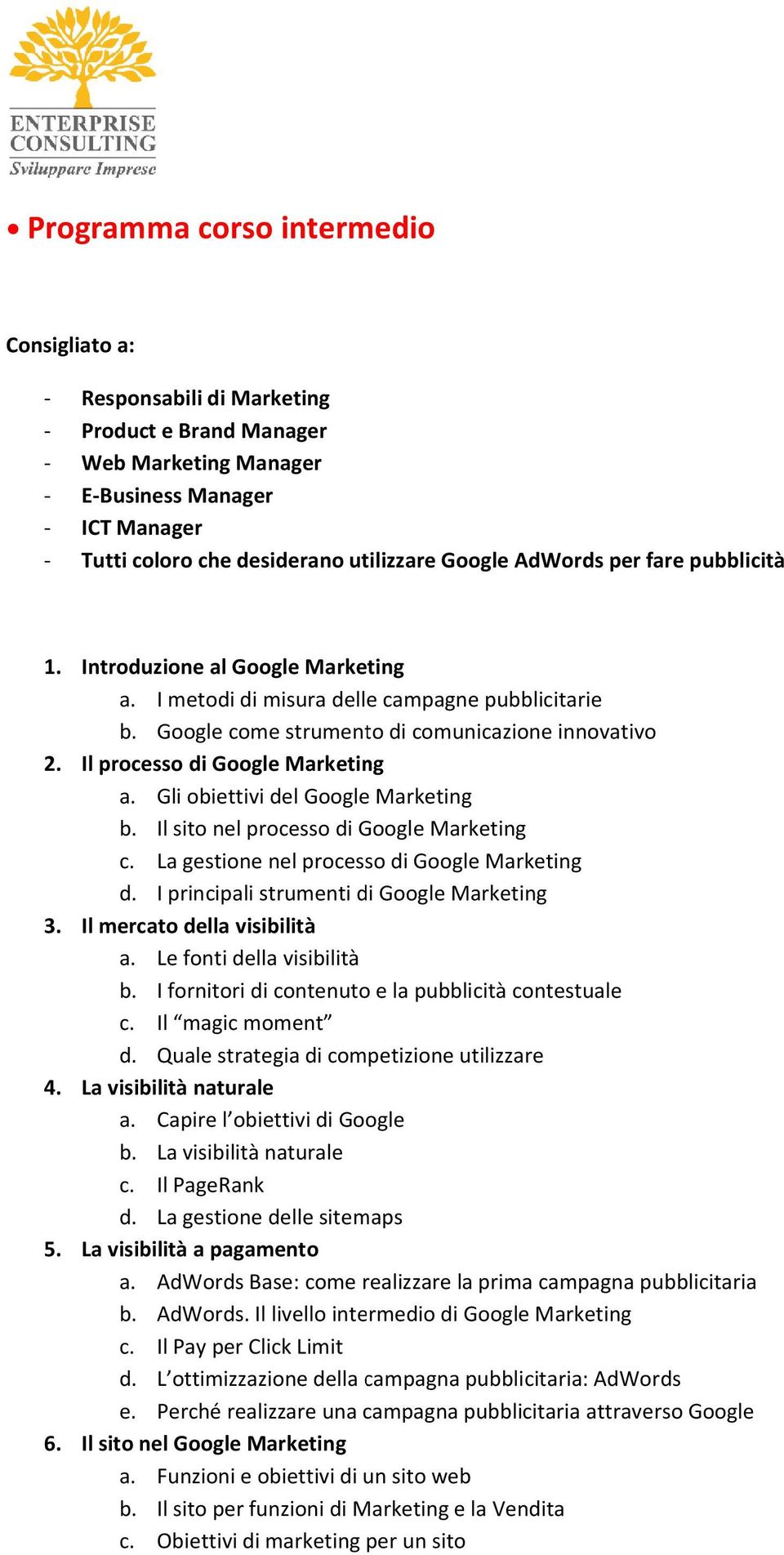 Il processo di Google Marketing a. Gli obiettivi del Google Marketing b. Il sito nel processo di Google Marketing c. La gestione nel processo di Google Marketing d.