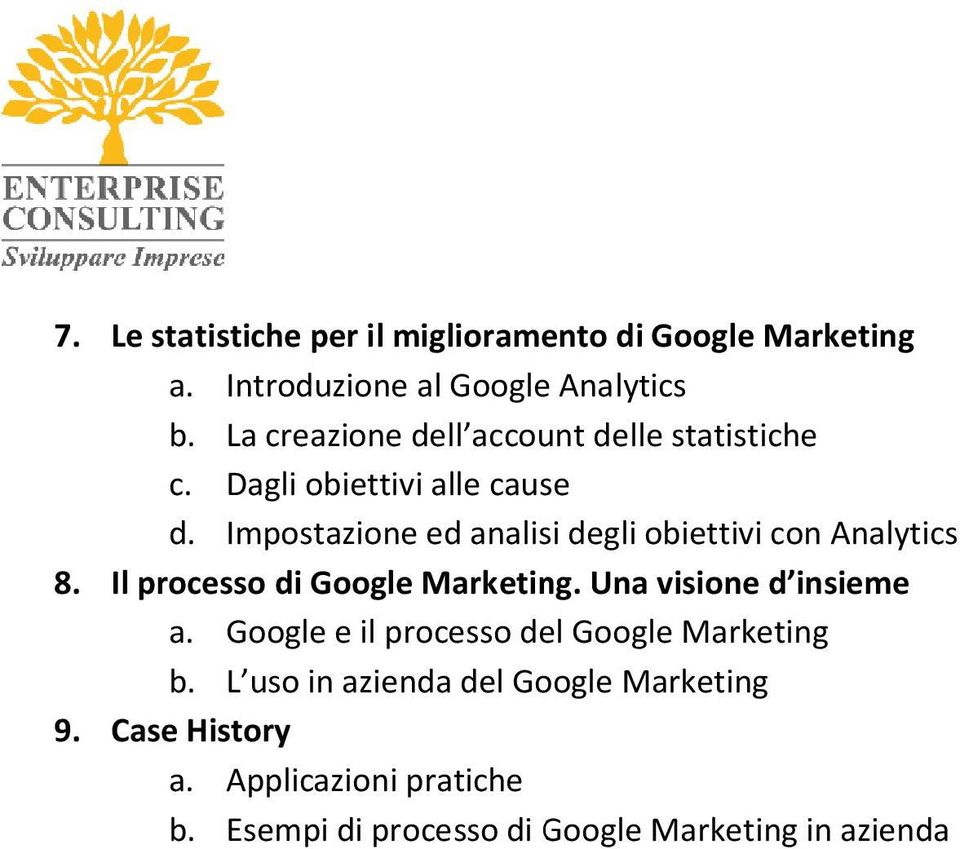 Impostazione ed analisi degli obiettivi con Analytics 8. Il processo di Google Marketing. Una visione d insieme a.