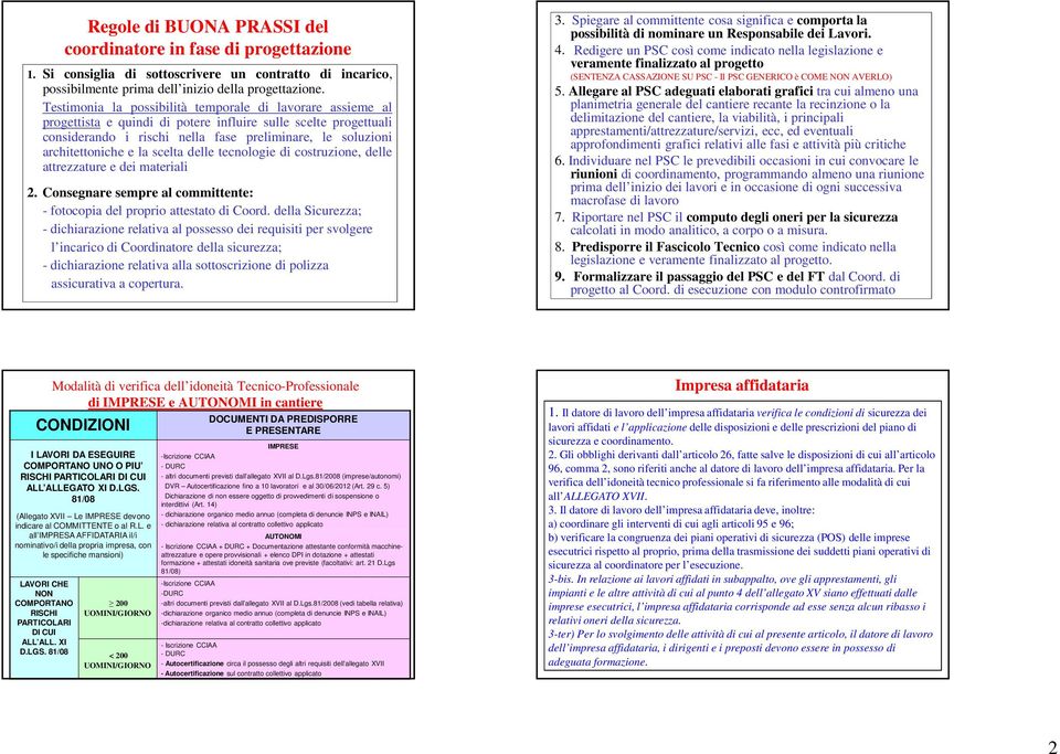 e la scelta delle tecnologie di costruzione, delle attrezzature e dei materiali 2. Consegnare sempre al committente: - fotocopia del proprio attestato di Coord.