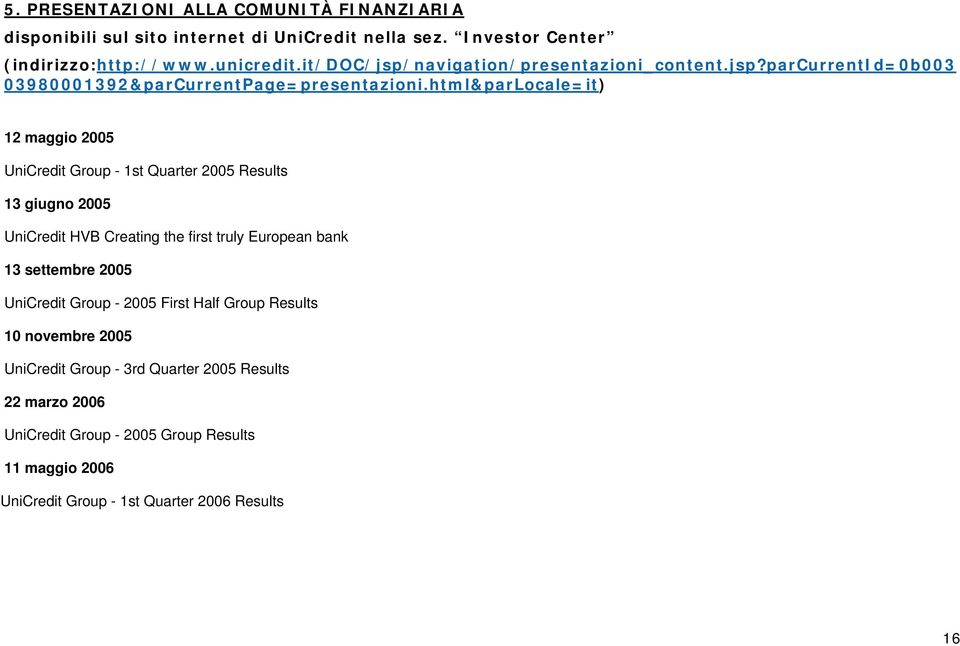 html&parLocale=it) 12 maggio 2005 UniCredit Group - 1st Quarter 2005 Results 13 giugno 2005 UniCredit HVB Creating the first truly European bank 13 settembre