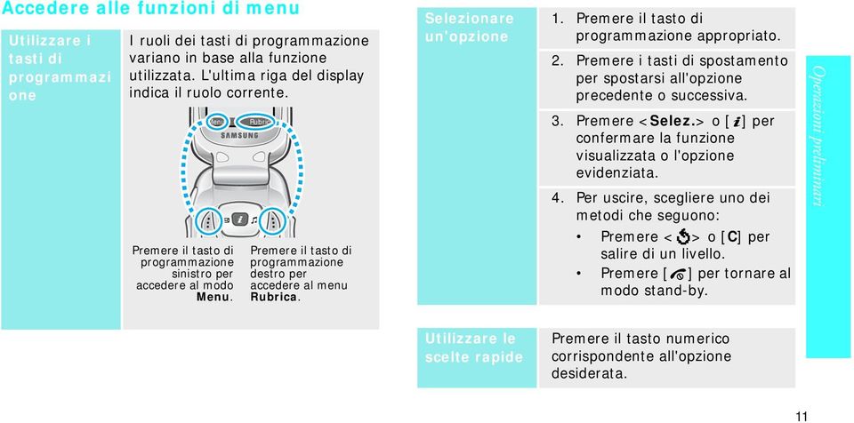 Premere il tasto di programmazione appropriato. 2. Premere i tasti di spostamento per spostarsi all'opzione precedente o successiva. 3. Premere <Selez.