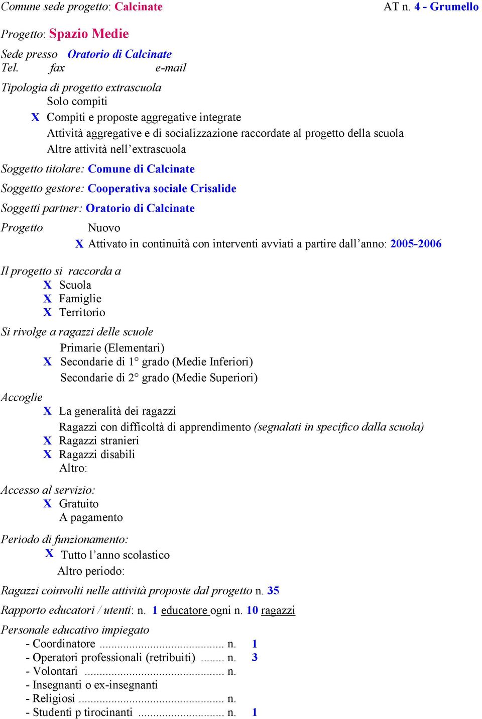 extrascuola Soggetto titolare: Comune di Calcinate Soggetto gestore: Cooperativa sociale Crisalide Soggetti partner: Oratorio di Calcinate Progetto Nuovo X Attivato in continuità con interventi