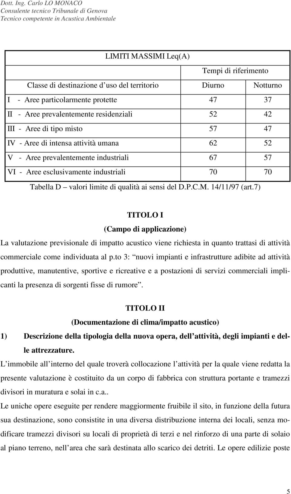 C.M. 14/11/97 (art.7) TITOLO I (Campo di applicazione) La valutazione previsionale di impatto acustico viene richiesta in quanto trattasi di attività commerciale come individuata al p.