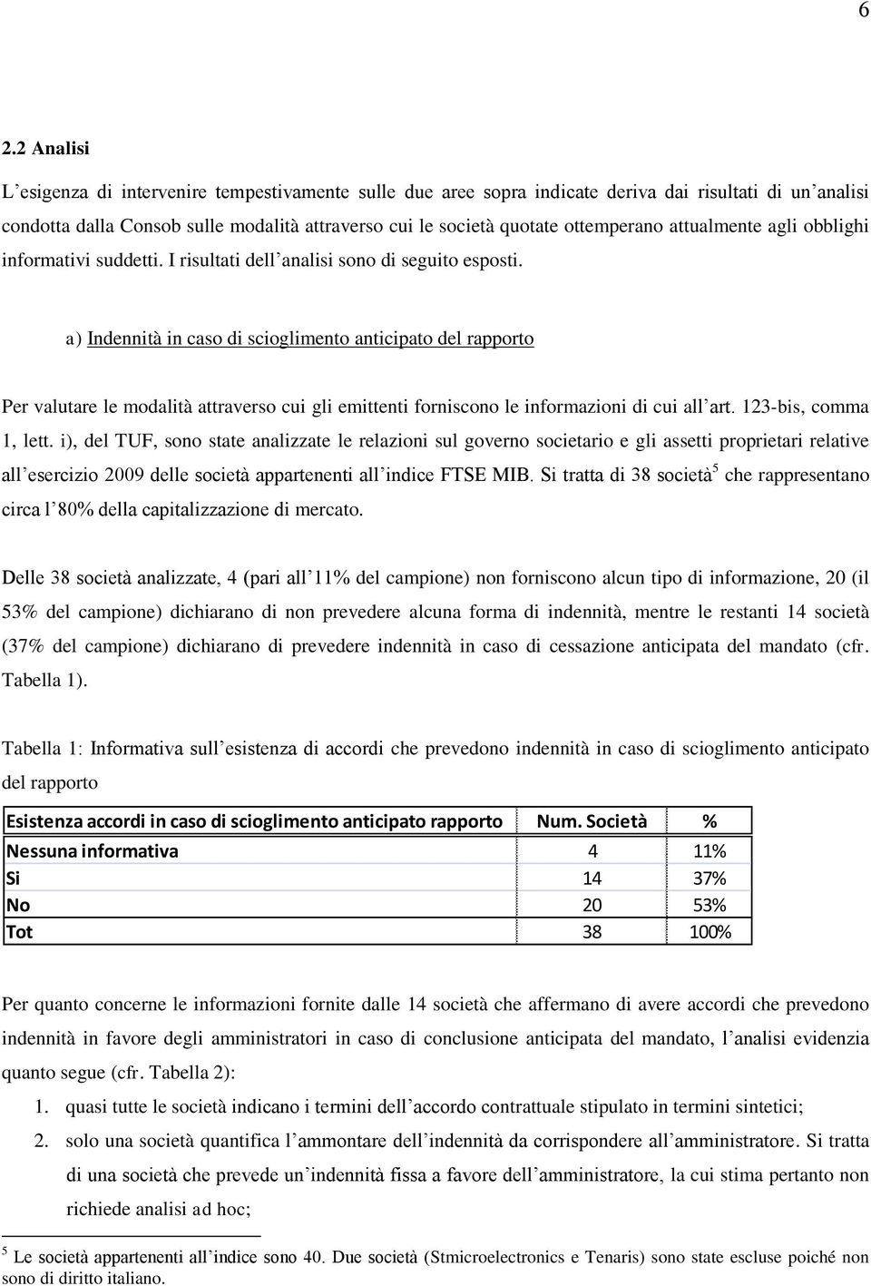 a) Indennità in caso di scioglimento anticipato del rapporto Per valutare le modalità attraverso cui gli emittenti forniscono le informazioni di cui all art. 123-bis, comma 1, lett.