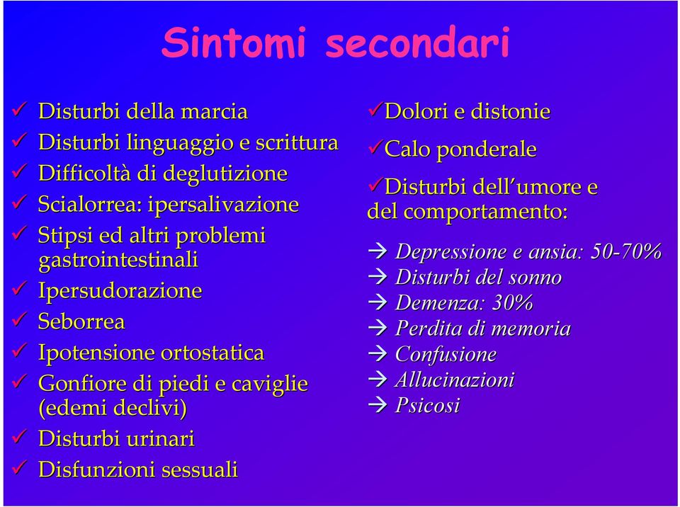 piedi e caviglie (edemi declivi) Disturbi urinari Disfunzioni sessuali Dolori e distonie Calo ponderale Disturbi dell