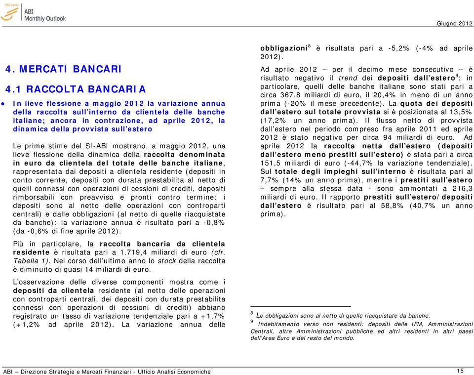 provvista sull estero Le prime stime del SI-ABI mostrano, a maggio 2012, una lieve flessione della dinamica della raccolta denominata in euro da clientela del totale delle banche italiane,