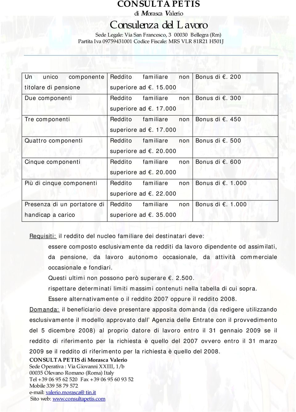 000 Cinque componenti Reddito familiare non Bonus di. 600 superiore ad. 20.000 Più di cinque componenti Reddito familiare non Bonus di. 1.