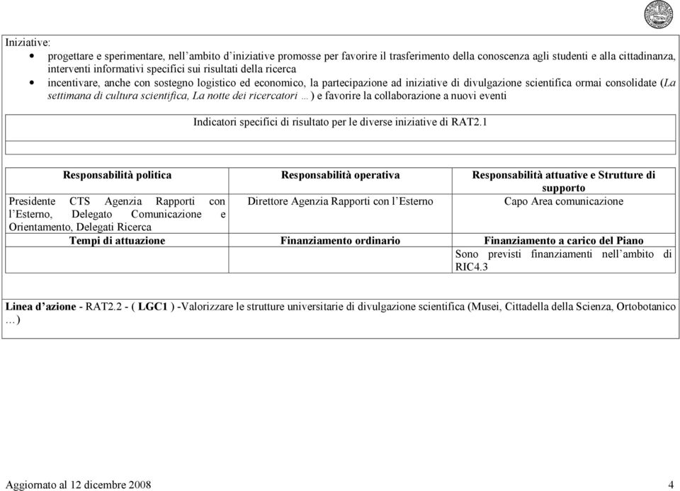 ricercatori ) e favorire la collaborazione a nuovi eventi Indicatori specifici di risultato per le diverse iniziative di RAT2.