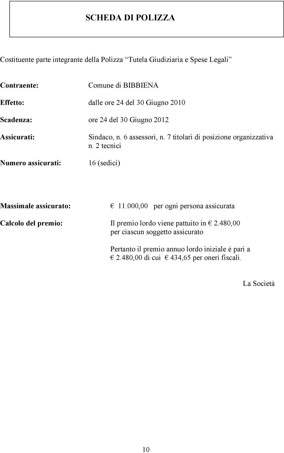 7 titolari di posizione organizzativa n. 2 tecnici 16 (sedici) Massimale assicurato: 11.