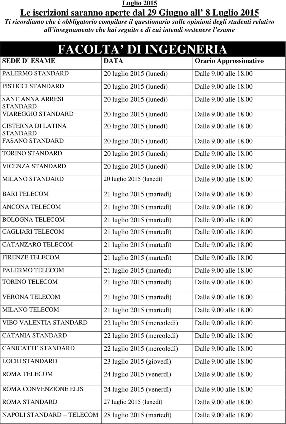 00 alle 18.00 VICENZA 20 luglio 2015 (lunedì) Dalle 9.00 alle 18.00 MILANO 20 luglio 2015 (lunedì) Dalle 9.00 alle 18.00 BARI TELECOM 21 luglio 2015 (martedì) Dalle 9.00 alle 18.00 ANCONA TELECOM 21 luglio 2015 (martedì) Dalle 9.