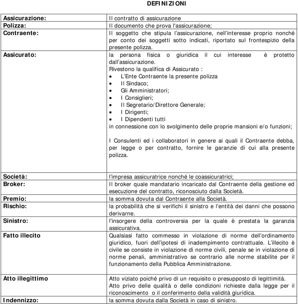 Rivestono la qualifica di Assicurato : L Ente Contraente la presente polizza Il Sindaco; Gli Amministratori; I Consiglieri; Il Segretario/Direttore Generale; I Dirigenti; I Dipendenti tutti in