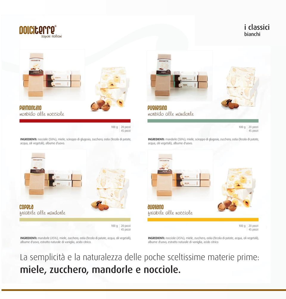 copeta friabile alle mandorle avellano friabile alle nocciole 100 g 20 pezzi 45 pezzi INGREDIENTI: mandorle (45%), miele, zucchero, ostia (fecola di patate, acqua, oli vegetali), albume d'uovo,