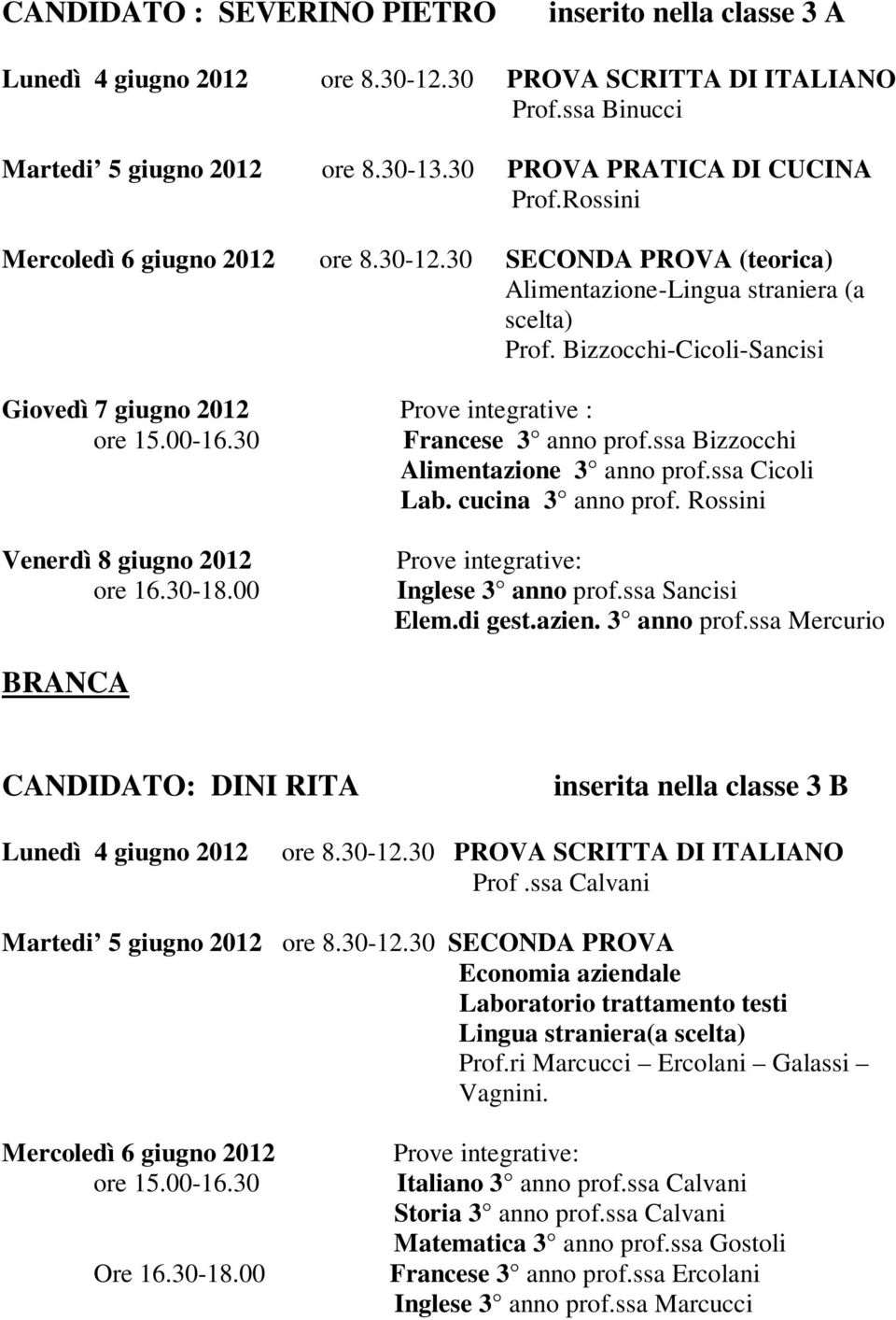 Bizzocchi-Cicoli-Sancisi Giovedì 7 giugno 2012 Prove integrative : Francese 3 anno prof.ssa Bizzocchi Alimentazione 3 anno prof.ssa Cicoli Lab. cucina 3 anno prof.