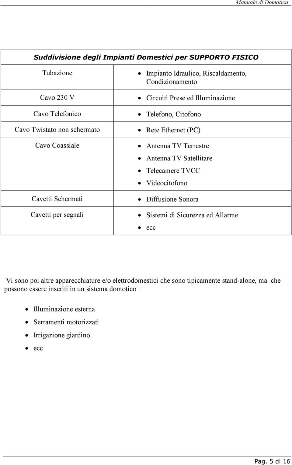 Antenna TV Satellitare Telecamere TVCC Videocitofono Diffusione Sonora Sistemi di Sicurezza ed Allarme ecc Vi sono poi altre apparecchiature e/o elettrodomestici