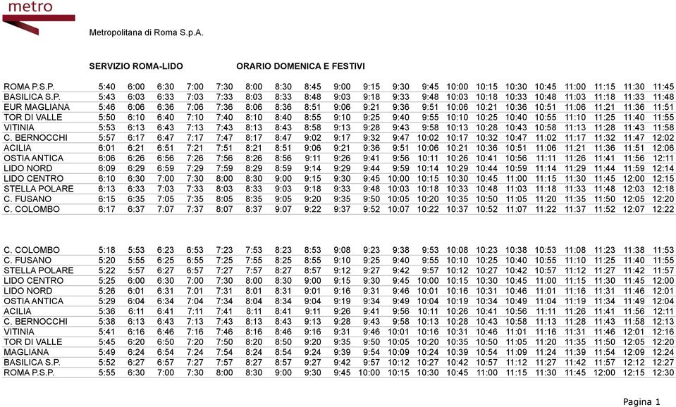 10:33 10:48 11:03 11:18 11:33 11:48 EUR MAGLIANA 5:46 6:06 6:36 7:06 7:36 8:06 8:36 8:51 9:06 9:21 9:36 9:51 10:06 10:21 10:36 10:51 11:06 11:21 11:36 11:51 TOR DI VALLE 5:50 6:10 6:40 7:10 7:40 8:10