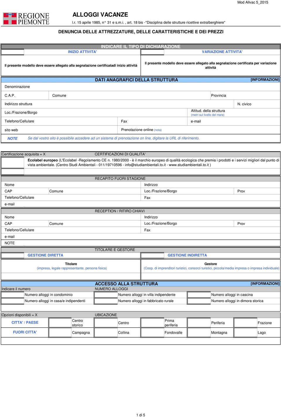 Il presente modello deve essere legato la segnazione certificatadi inizio attività Il presente modello deve essere legato la segnazione certificata per variazione attività Denominazione DATI