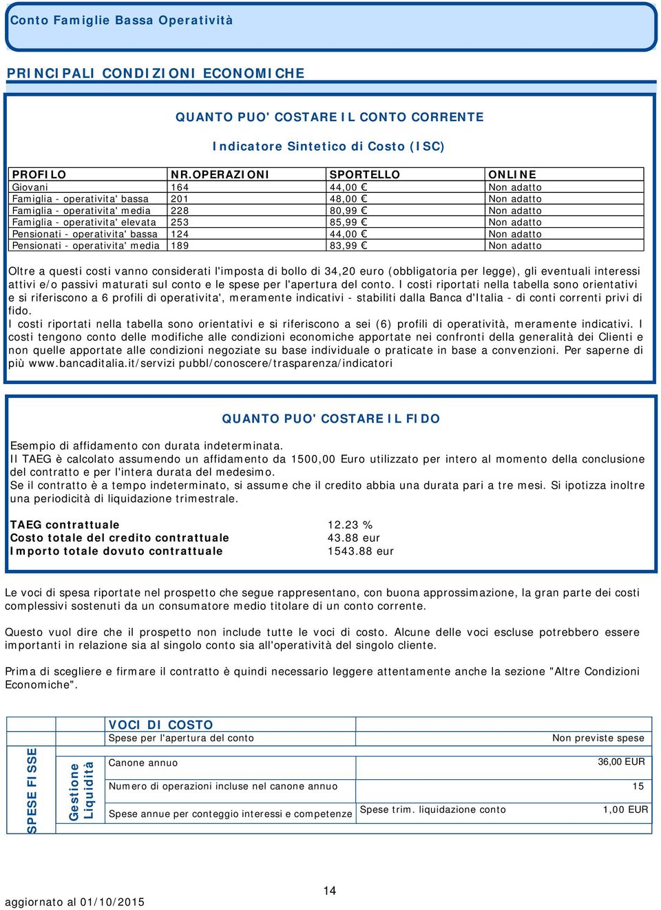 adatto Pensionati - operativita' bassa 124 44, Non adatto Pensionati - operativita' media 189 83,99 Non adatto Oltre a questi costi vanno considerati l'imposta di bollo di 34,2 euro (obbligatoria per