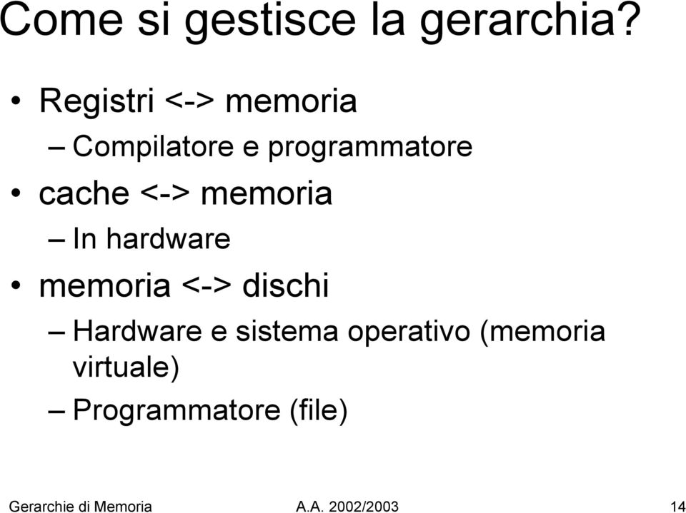 memoria In hardware memoria <-> dischi Hardware e sistema