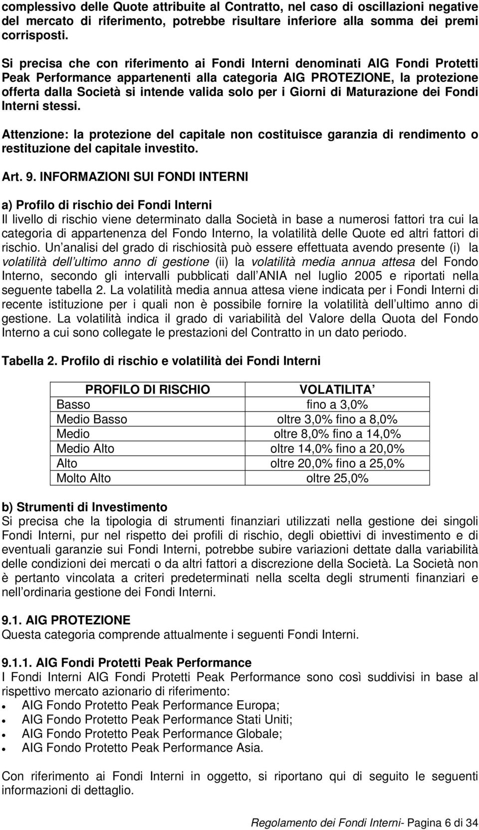 per i Giorni di Maturazione dei Fondi Interni stessi. Attenzione: la protezione del capitale non costituisce garanzia di rendimento o restituzione del capitale investito. Art. 9.