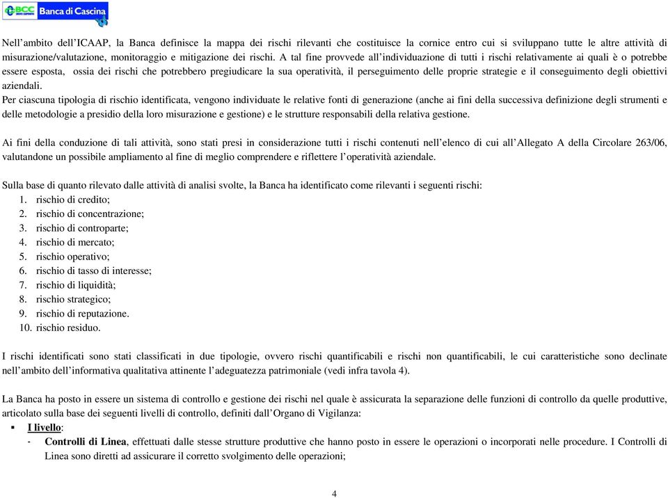 A tal fine provvede all individuazione di tutti i rischi relativamente ai quali è o potrebbe essere esposta, ossia dei rischi che potrebbero pregiudicare la sua operatività, il perseguimento delle