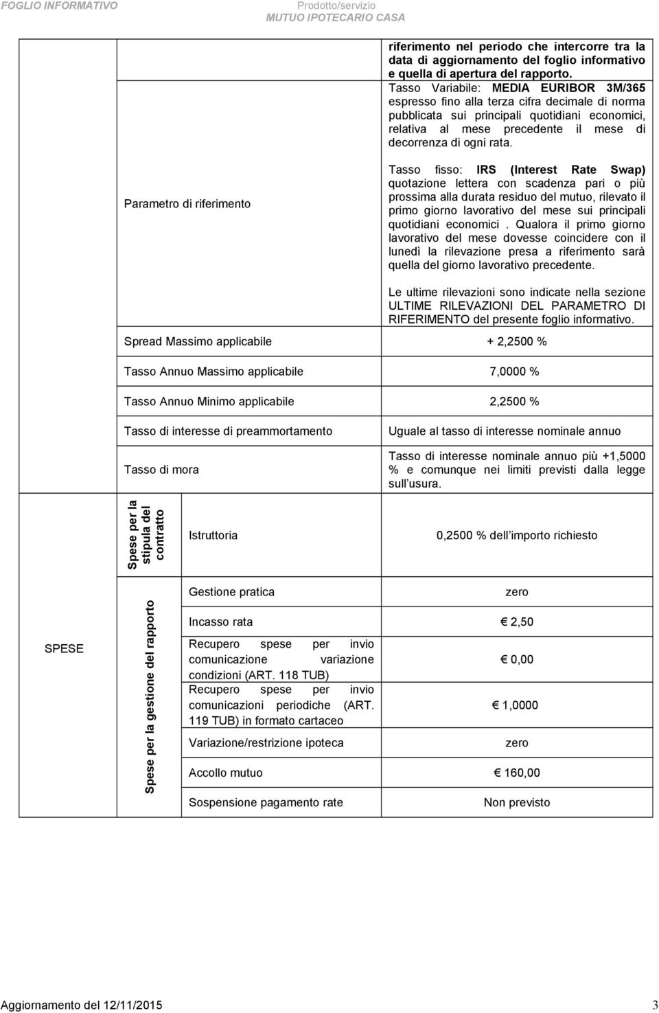 Parametro di riferimento Tasso fisso: IRS (Interest Rate Swap) quotazione lettera con scadenza pari o più prossima alla durata residuo del mutuo, rilevato il primo giorno lavorativo del mese sui