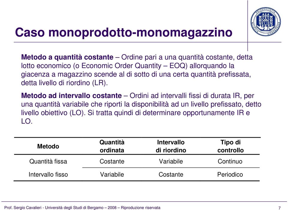 Metodo ad intervallo costante Ordini ad intervalli fissi di durata IR, per una quantità variabile che riporti la disponibilità ad un livello prefissato, detto livello obiettivo (LO).