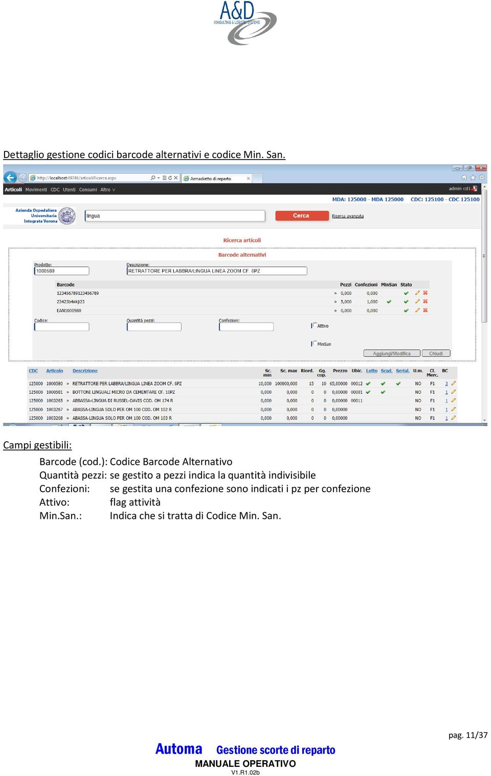 ): Codice Barcode Alternativo Quantità pezzi: se gestito a pezzi indica la quantità