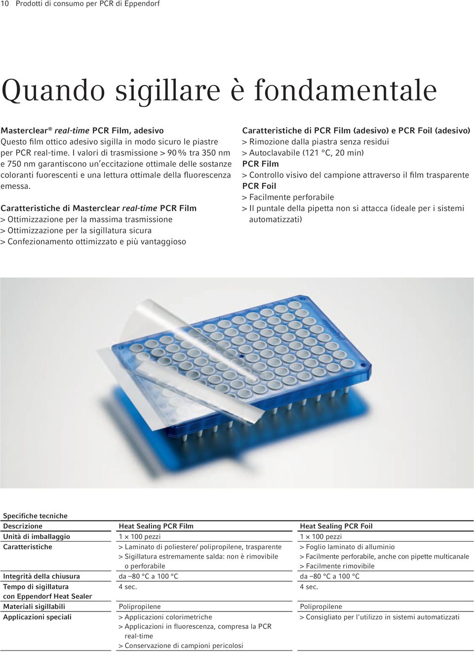 Caratteristiche di Masterclear real-time PCR Film > Ottimizzazione per la massima trasmissione > Ottimizzazione per la sigillatura sicura > Confezionamento ottimizzato e più vantaggioso