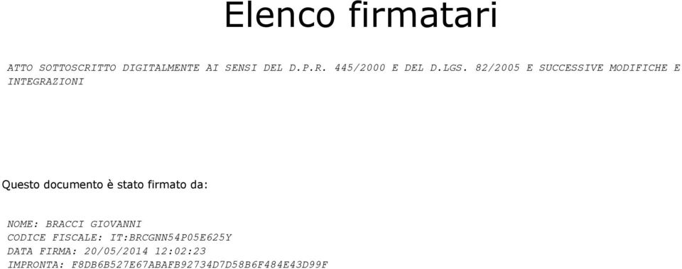 firmato da: NOME: BRACCI GIOVANNI CODICE FISCALE: IT:BRCGNN54P05E625Y DATA