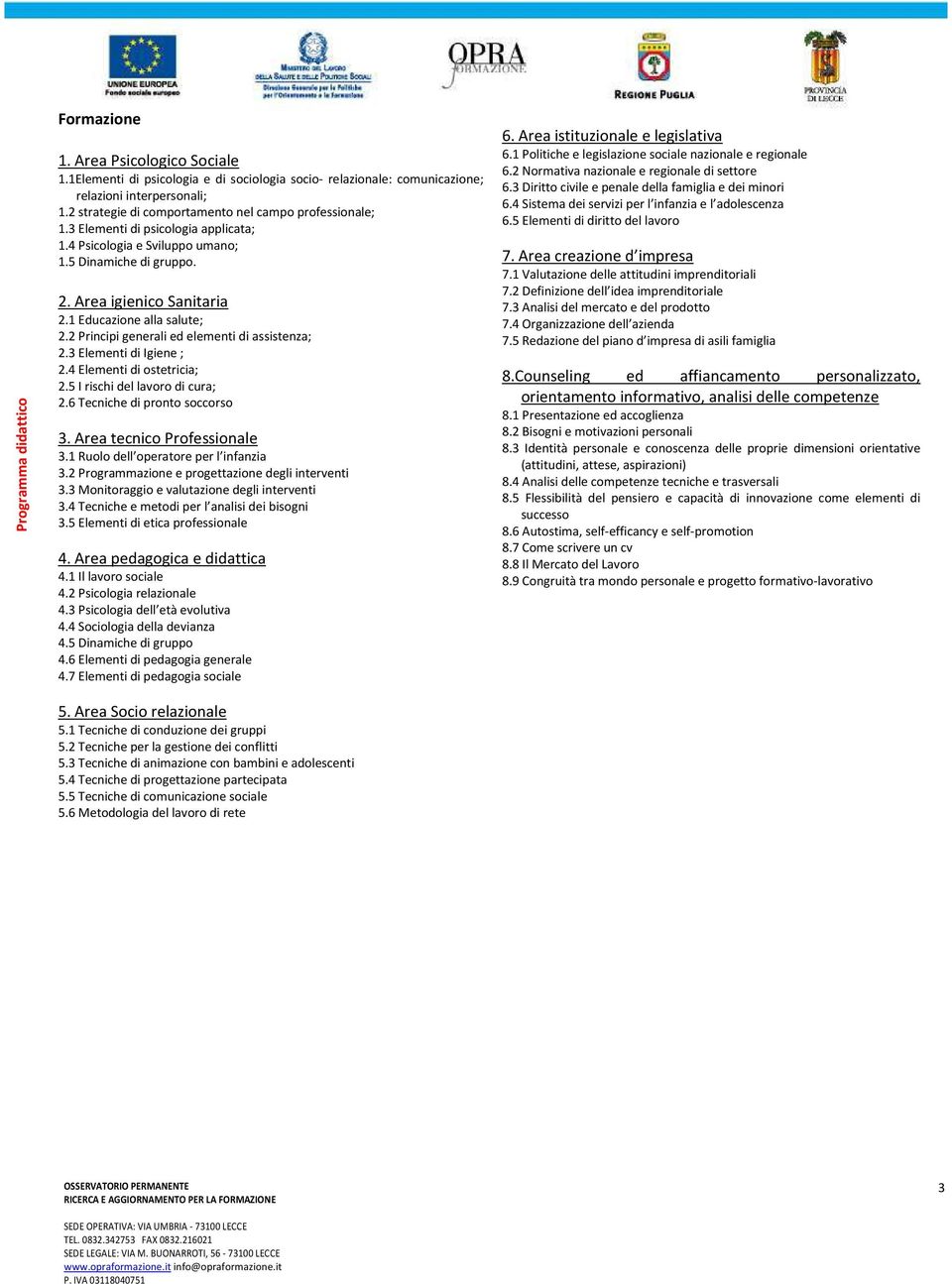 1 Educazione alla salute; 2.2 Principi generali ed elementi di assistenza; 2.3 Elementi di Igiene ; 2.4 Elementi di ostetricia; 2.5 I rischi del lavoro di cura; 2.6 Tecniche di pronto soccorso 3.