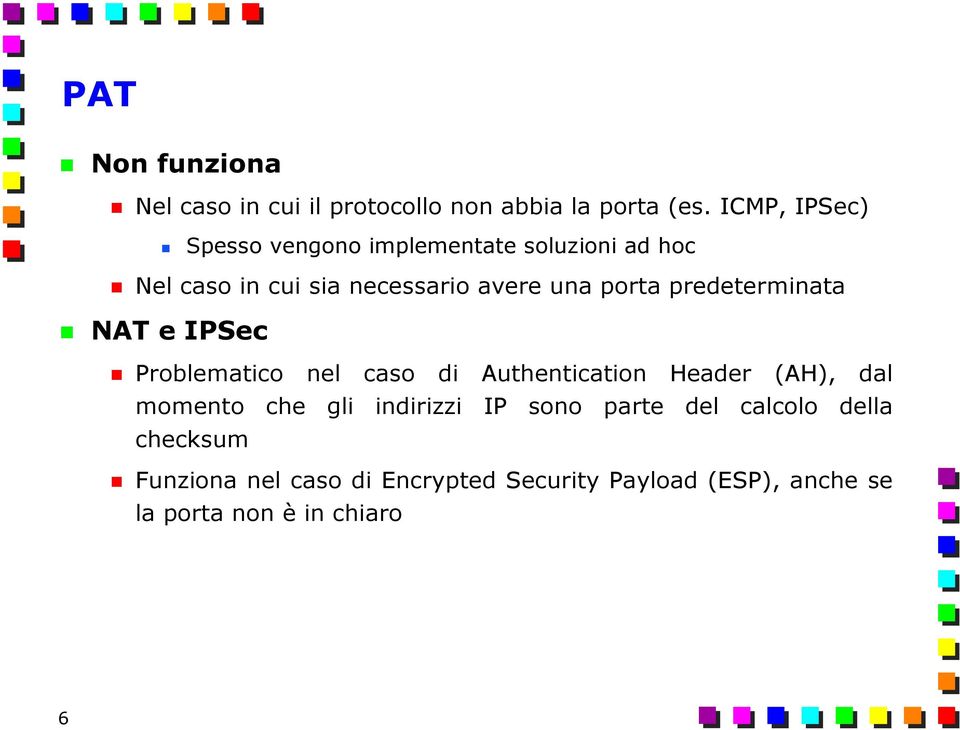 predeterminata NAT e IPSec Problematico nel caso di Authentication Header (AH), dal momento che gli